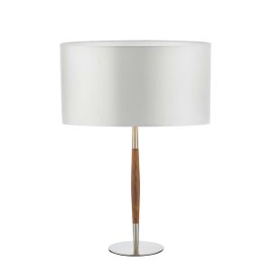 Detroit 1 Light E27 Satin Nickel With Walnut Detail Table Lamp With Inline Switch C/W Hilda Ivory Faux Silk 35cm Drum Shade