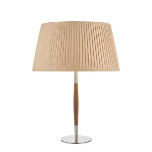 Detroit 1 Light E27 Satin Nickel With Walnut Detail Table Lamp With Inline Switch C/W Lyzette Taupe Faux Silk Tapered 36cm Drum Shade