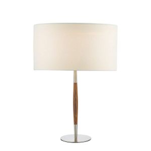 Detroit 1 Light E27 Satin Nickel With Walnut Detail Table Lamp With Inline Switch C/W Pyramid White Linen 35cm Drum Shade