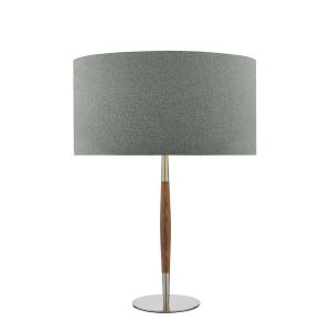 Detroit 1 Light E27 Satin Nickel With Walnut Detail Table Lamp With Inline Switch C/W Pyramid Grey Linen 35cm Drum Shade