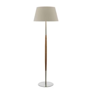 Detroit 1 Light E27 Satin Nickel With Walnut Detail Floor Lamp With Inline Foot Switch C/W Cezanne Taupe Faux Silk Tapered 45cm Drum Shade
