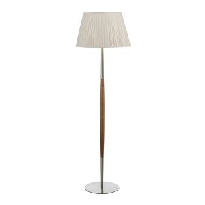 Detroit 1 Light E27 Satin Nickel With Walnut Detail Floor Lamp With Inline Foot Switch C/W Ulyana Ivory Faux Silk Pleated 45cm Shade
