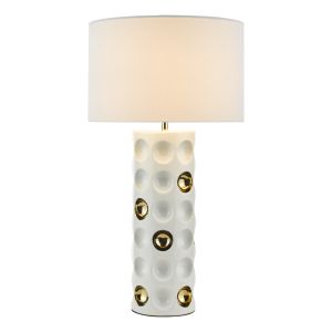 Dimple 1 Light E27 Ceramic Table Lamp Gloss White Gold C/W White Linen Drum Shade
