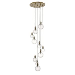 Dita 10 Light G4 Brushed Brass Adjustable Cluster Pendant With Clear Ribbed Glass Shades