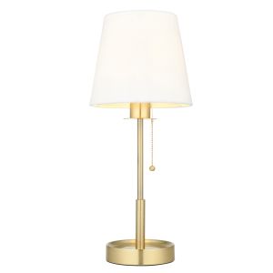 Igno 1 Light E27 Satin Brass Vanity Table Lamp With Pull Cord Chain C/W Vintage White Tapered Fabric Shade
