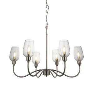 Artis 6 Light E14 Bright Nickel Adjustable Pendant With Twisted Grey Fabric Cable & Clear Blown Glass Shades