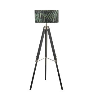 Easel 1 Light E27 Adjustable Height Tripod Floor Lamp Black C/W Bamboo Green Leaf Cotton 49cm Drum Shade
