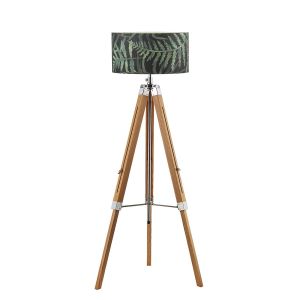 Easel 1 Light E27 Hight Adjustable Tripod Floor Lamp Light Wood With Polished Chrome C/W Bamboo Green Leaf Cotton 49cm Drum Shade