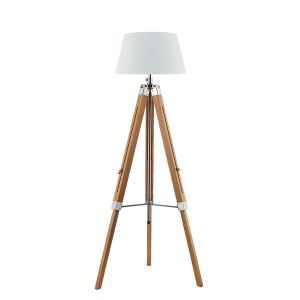 Easel 1 Light E27 Hight Adjustable Tripod Floor Lamp Light Wood With Polished Chrome C/W Cezanne White Faux Silk Tapered 45cm Drum Shade