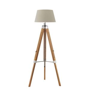 Easel 1 Light E27 Hight Adjustable Tripod Floor Lamp Light Wood With Polished Chrome C/W Cezanne Taupe Faux Silk Tapered 45cm Drum Shade