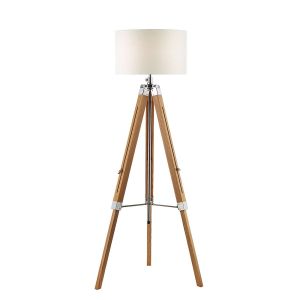 Easel 1 Light E27 Hight Adjustable Tripod Floor Lamp Light Wood With Polished Chrome C/W Pyramid White Linen 46cm Drum Shade