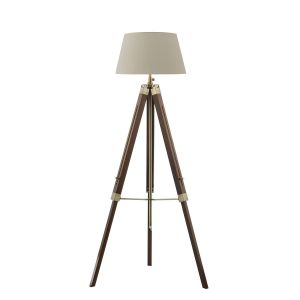 Easel 1 Light E27 Height Adjustable Tripod Floor Lamp Dark Wood With Antique Brass C/W Cezanne Taupe Faux Silk Tapered 45cm Drum Shade
