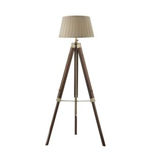 Easel 1 Light E27 Height Adjustable Tripod Floor Lamp Dark Wood With Antique Brass C/W Degas Taupe Faux Silk Tapered 45cm Drum Shade