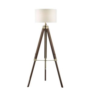 Easel 1 Light E27 Height Adjustable Tripod Floor Lamp Dark Wood With Antique Brass C/W Pyramid White Linen 46cm Drum Shade