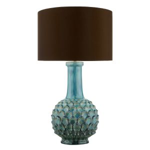 Edlyn 1 Light E27 Blue Reactive Glaze With Antique Brass Detail With Inline Switch C/W Eldon E27 Brown Faux Silk 38cm Drum Shade
