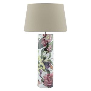 Bloomaa 1 Light E27 Tropical Print Ceramic Table Lamp With Inline Switch C/W Cezanne Taupe Faux Silk Tapered 40cm Drum Shade