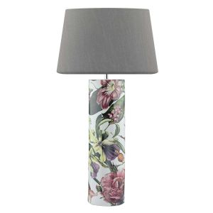 Bloomaa 1 Light E27 Tropical Print Ceramic Table Lamp With Inline Switch C/W Cezanne Grey Faux Silk Tapered 40cm Drum Shade