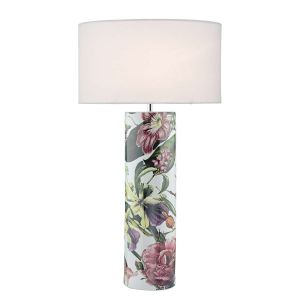 Bloomaa 1 Light E27 Tropical Print Ceramic Table Lamp With Inline Switch C/W Zachary White Linen 40cm Oval Shade