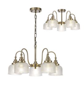 Elisha Semi Flush/Pendant, 5 Light E27, Antique Brass/Prismatic Glass