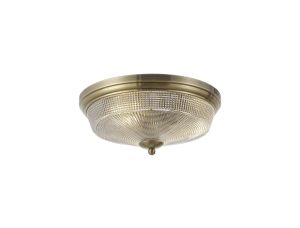 Elisha 2 Light E27 Flush Ceiling Light, Antique Brass/Prismatic Glass