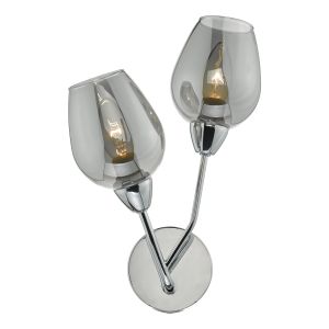 Eloise 2 Light E14 Polished Chrome Wall Light With Rocker Switch C/W Bud Shaped Smoked Glass Shades