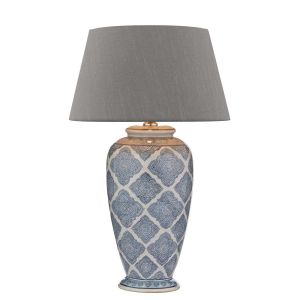 Ely 1 Light E27 Blue With White Table Lamp With Inline Switch C/W Cezanne Grey Faux Silk Tapered 45cm Drum Shade
