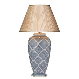 Ely 1 Light E27 Blue With White Table Lamp With Inline Switch C/W Puscan Taupe Faux Silk Tapered 43cm Drum Shade
