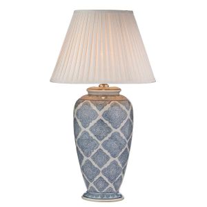 Ely 1 Light E27 Blue With White Table Lamp With Inline Switch C/W Puscan Taupe Cotton Tapered 43cm Drum Shade