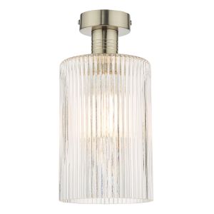 Emerson 1 Light E27 Antique Chrome Semi-Flush Ceiling Fitting With Cylinder Clear Ribbed Glass Shade