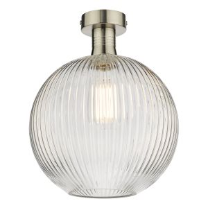 Emerson 1 Light E27 Antique Chrome Semi-Flush Ceiling Fitting With Round Clear Ribbed Glass Shade