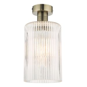 Emerson 1 Light E27 Antique Brass Semi-Flush Ceiling Fitting With Cylinder Clear Ribbed Glass Shade
