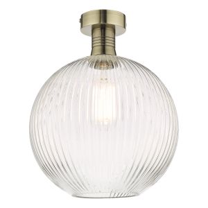 Emerson 1 Light E27 Antique Brass Semi-Flush Ceiling Fitting With Round Clear Ribbed Glass Shade