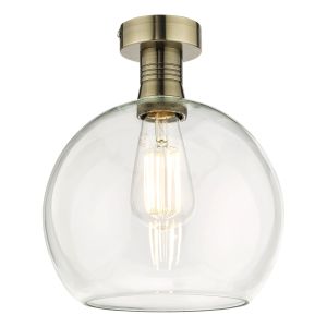 Emerson 1 Light E27 Antique Brass Semi-Flush Ceiling Fitting With Round Clear Glass Shade