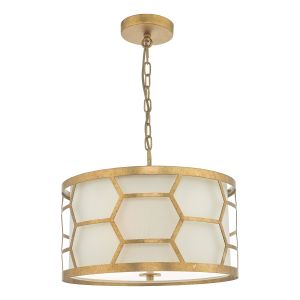 Epstein 3 Light E27 Gold Adjustable Round Pendant With Ivory Linen Shade & Frosted Glass Diffuser