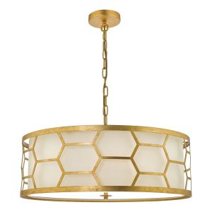 Epstein 4 Light E27 Gold Adjustable Round Pendant With Ivory Linen Shade & Frosted Glass Diffuser