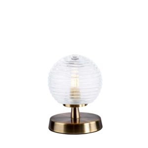 Esben 1 Light Touch Table Lamp Antique Brass C/W Clear Closed Ribbed Glass Shade