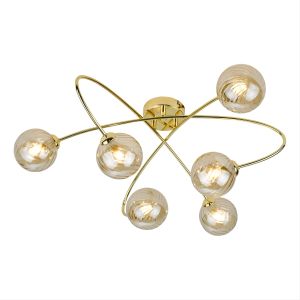 Etta 6 Light G9 Polished Gold Semi Flush Ceiling Fitting With Round Twist Ribbed Glass Shades