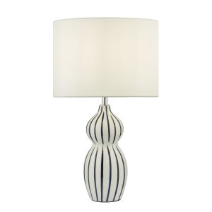 Evie 1 Light E27 White With Blue Stripe Ceramic Table Lamp With Inline Switch C/W Ciara White Linen 33cm Shade
