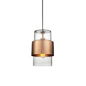 Ongio 1 Light E27 Hammered Copper Plate Adjustable Pendant With Textured Clear Glass Shade