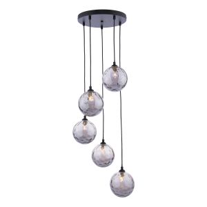 Federico 5 Light G9 Black Adjustable Cluster Pendant C/W Smoked Dimpled Glass Shades