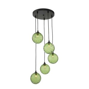 Federico 5 Light G9 Black Adjustable Cluster Pendant C/W Green Dimpled Glass Shades