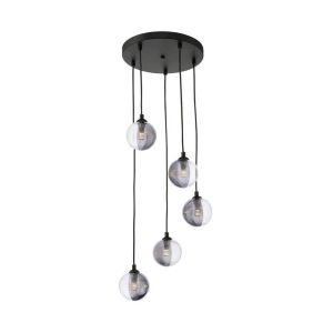 Federico 5 Light G9 Black Adjustable Cluster Pendant C/W 10cm Smoked & Clear Ribbed Glass Shades