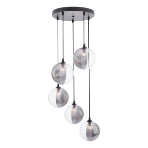Federico 5 Light G9 Black Adjustable Cluster Pendant C/W 15cm Smoked & Clear Ribbed Glass Shades