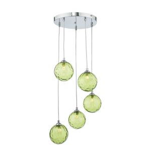 Federico 5 Light G9 Polished Chrome Adjustable Cluster Pendant C/W Green Dimpled Glass Shades