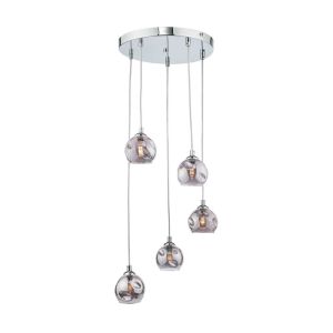 Federico 5 Light G9 Polished Chrome Adjustable Cluster Pendant C/W Smoked Organic Glass Shades