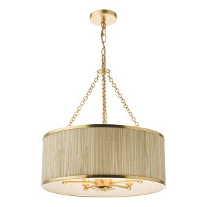 Fenella 5 Light E14 Gold Leaf Adjustable Pendant With Seagrass Shade