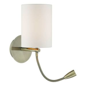 Feta 2 Light Antique Brass LED Integrated Wall Light (With Adjustable Reading Light) C/W Tuscan E27 Ivory Cotton 13cm Cylinder Shade