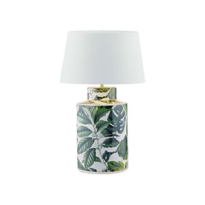 Filip 1 Light E27 Green Leaf Print Table Lamp With Inline Switch C/W Cezanne White Faux Silk Tapered 35cm Drum Shade