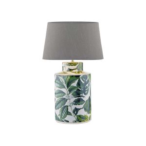Filip 1 Light E27 Green Leaf Print Table Lamp With Inline Switch C/W Cezanne Grey Faux Silk Tapered 35cm Drum Shade