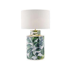 Filip 1 Light E27 Green Leaf Print Table Lamp With Inline Switch C/W Olalla Ivory Faux Silk 34cm Drum Shade